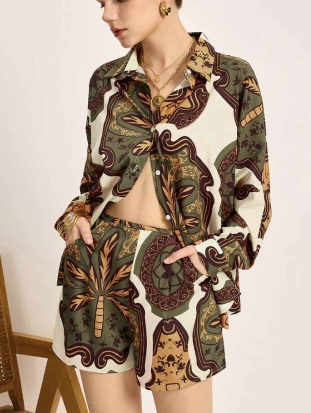 Commense Shirt + Shorts Floral Tropical Print Brown Orange 2-PC Set